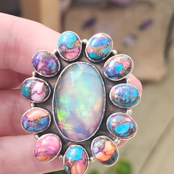 Audra Ring / Sterling Silver GORGEOUS Spiny Oyster Turquoise Opal Daisy Ring - Picture 9 of 13